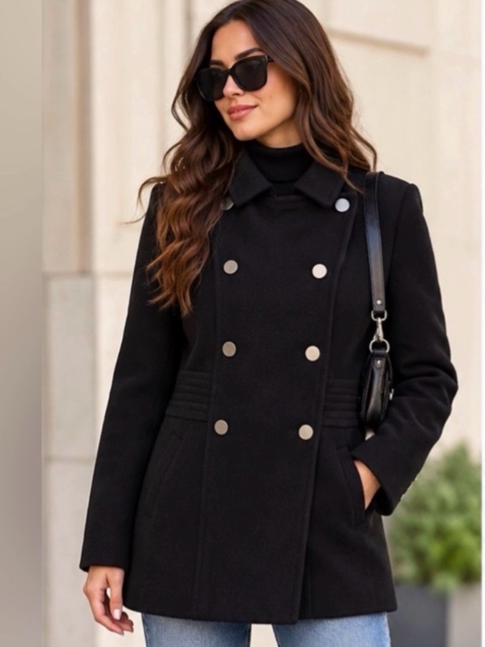 Calvin Klein Black Double Breasted Wool Blend Peacoat Jacket  Size XS